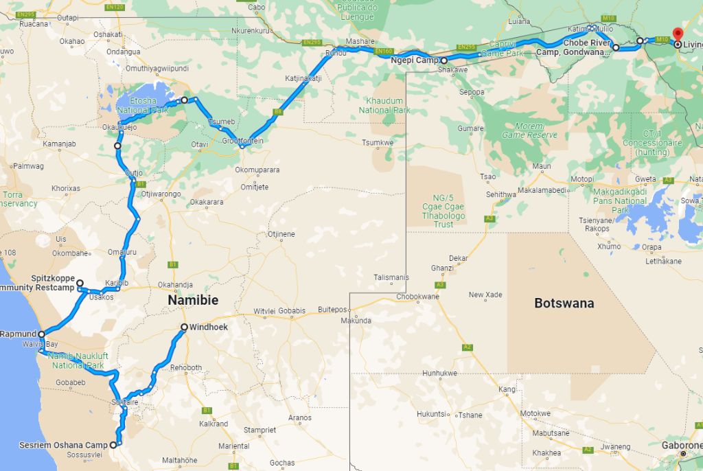 Trajet safari autotour Namibie Botswana