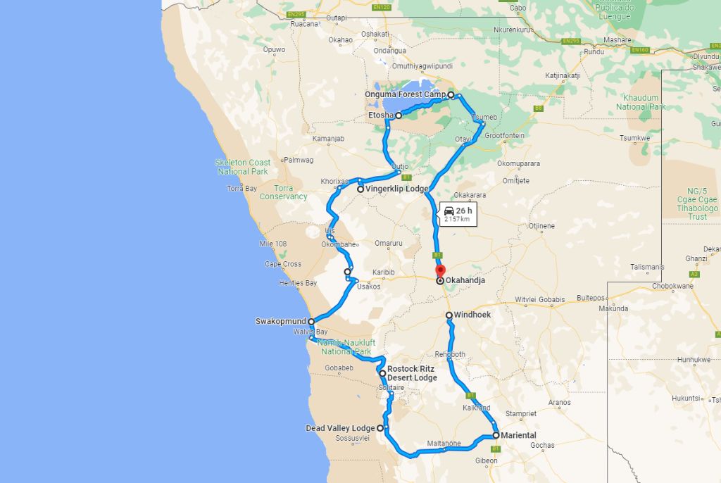 Trajet safari autotour en Namibie