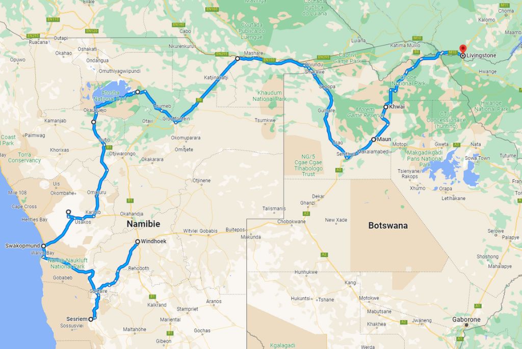 Itinéraire voyage Namibie Botswana Zambie