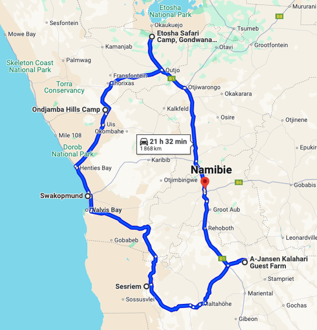 Trajet safari Namibie 11 jours