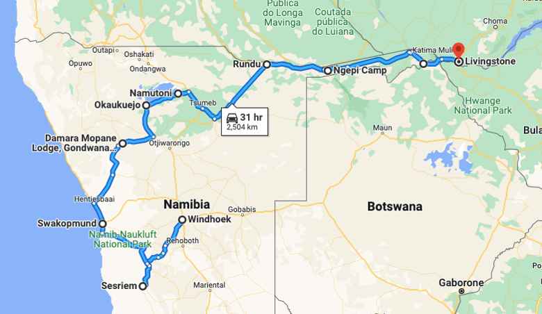 Trajet circuit 13 jours Namibie chutes victoria